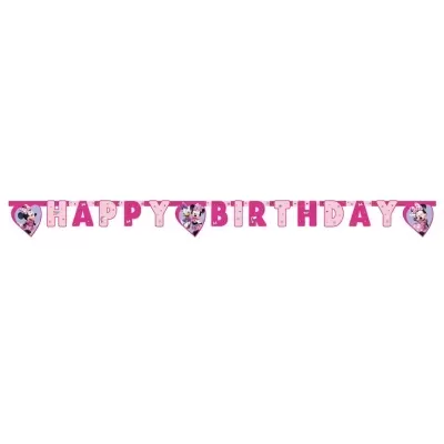 Faixa decorativa de aniversário com letras rosas e personagens Minnie e Daisy em corações