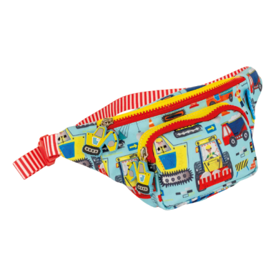 Riñonera infantil azul com veículos de construção coloridos e fechos amarelos