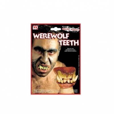 Empaque de dentes de lobisomem para fantasia com imagem de homem e texto WEREWOLF TEETH