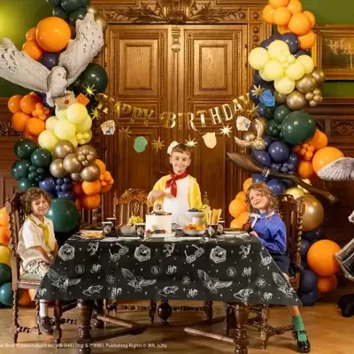 Festa de aniversário Harry Potter com balões, mesa decorada e crianças sentadas
