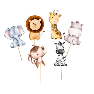 Set de toppers para bolos animal cartoon em aquarela, montados em pauzinhos de madeira.