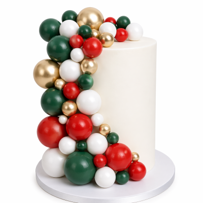 Bolo branco cilíndrico decorado com bolas verdes, vermelhas, brancas e douradas