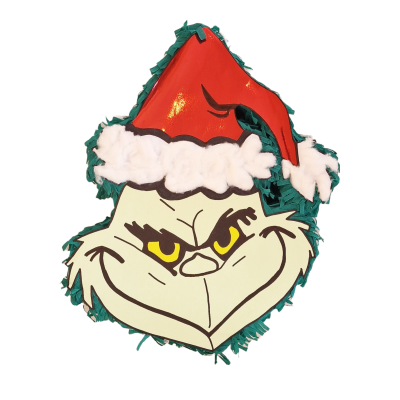Pinata do Grinch com gorro de Natal vermelho e detalhes brancos