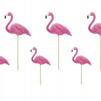 Decorações de flamingo cor-de-rosa em espetos de madeira