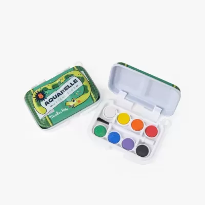 Estojo de aquarela com oito cores em pastilha e design decorativo com cobra