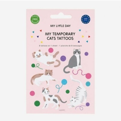 Pacote de tatuagens temporárias de gatos com bolas de lã coloridas, fundo rosa