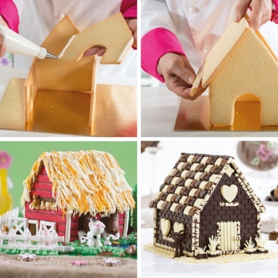 Quatro imagens mostrando casas comestíveis sendo montadas e decoradas com glacê e chocolate