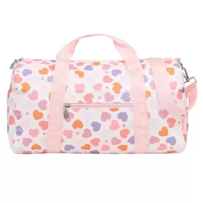 Mala de desporto com padrão de corações coloridos e alças rosa
