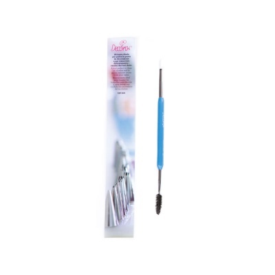 Produto de manicure com alça azul e duas pontas metálicas, uma com escova para sobrancelhas e outra com ponta fina para detalhes