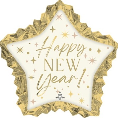 Balão metalizado formato estrela com texto Feliz Ano Novo em dourado