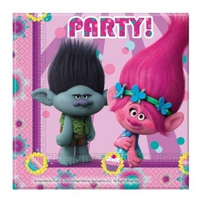 Guardanapo de papel rosa com personagens dos Trolls e texto PARTY!