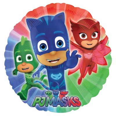 Balão redondo colorido com os personagens PJ Masks em destaque