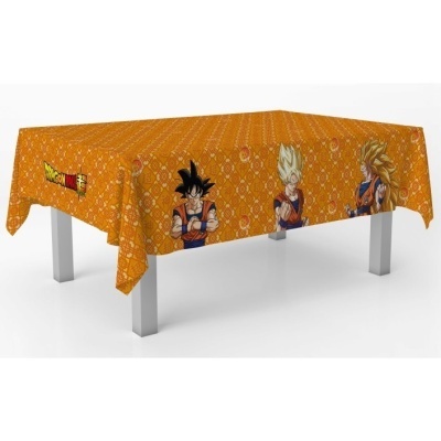 Toalha de mesa laranja com personagens Dragon Ball e padrão de diamantes brancos