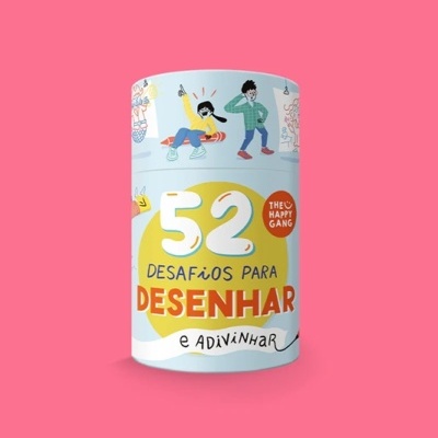 Produto cilíndrico azul com texto e ilustrações de crianças