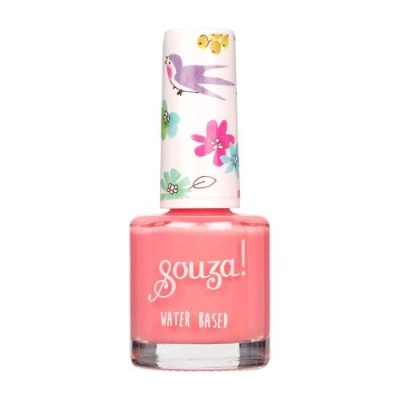 Frasco de verniz de unhas cor-de-rosa com tampa branca decorada.