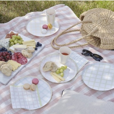 Piquenique com toalha xadrez, pratos e copos brancos, cesta de palha, comida variada e óculos de sol.
