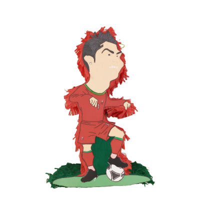 Boneco de tecido de jogador de futebol em vermelho com bola