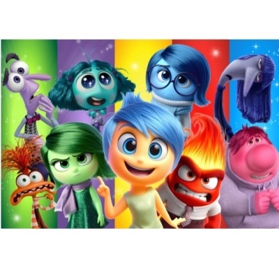 Personagens animados coloridos com expressões faciais distintas sobre fundo colorido