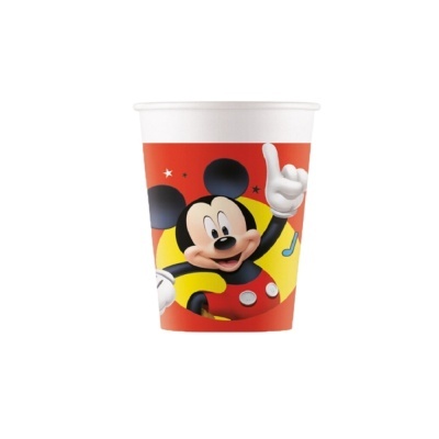 Copo de papel com estampa do Mickey Mouse em fundo vermelho e amarelo