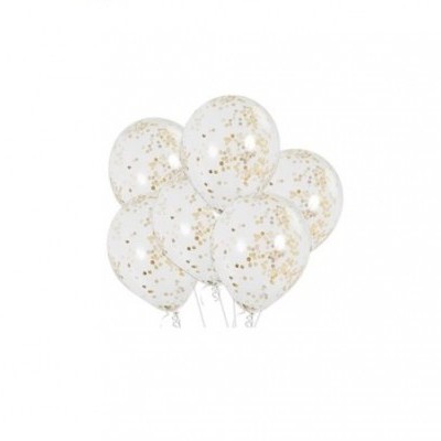 Cinco balões transparentes com confetes dourados