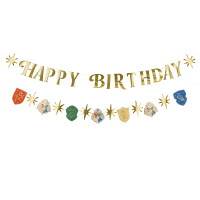 Guirlandas de festa com texto HAPPY BIRTHDAY e emblemas coloridos