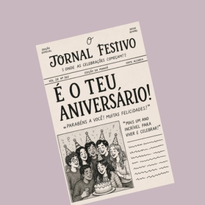 Folheto estilo jornal festivo em português com ilustração de pessoas a celebrar aniversário
