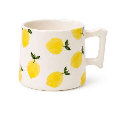 Caneca de cerâmica branca com padrão de limões amarelos e folhas verdes