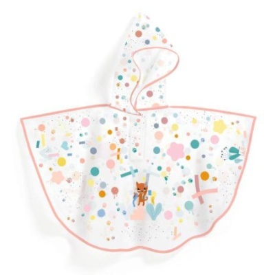 Capa de chuva poncho infantil branca com padrões coloridos e bordas rosa