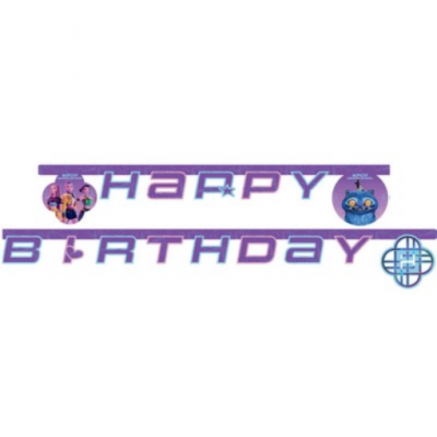 Faixa de aniversário com letras roxas e imagens de personagens animados