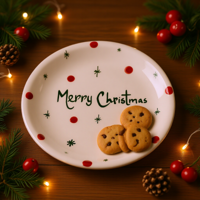 Prato de cerâmica branco com pontos vermelhos e texto Merry Christmas, bolachas e decoração natalícia