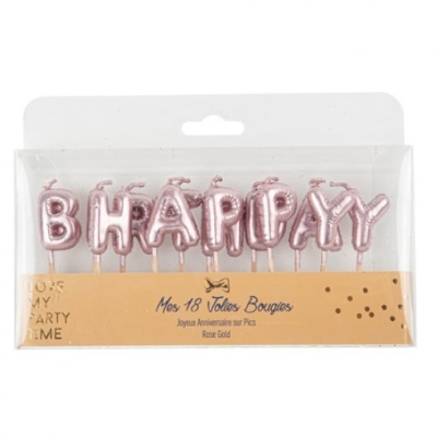Velas de aniversário em forma de letras rosa dourado em embalagem transparente