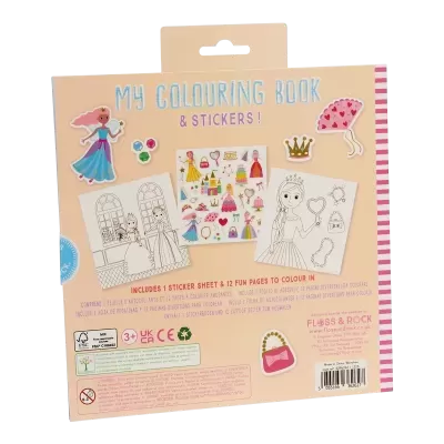Livro de colorir infantil com adesivos e desenhos de princesas.