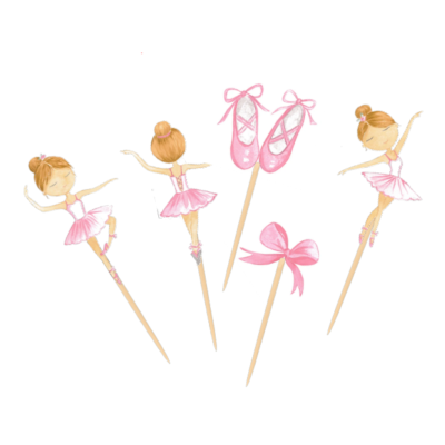 Espetos decorativos com bailarinas cor-de-rosa em madeira