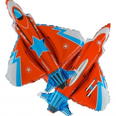 Balão em forma de avião a jato laranja, azul e branco com texto STARFIGHTER