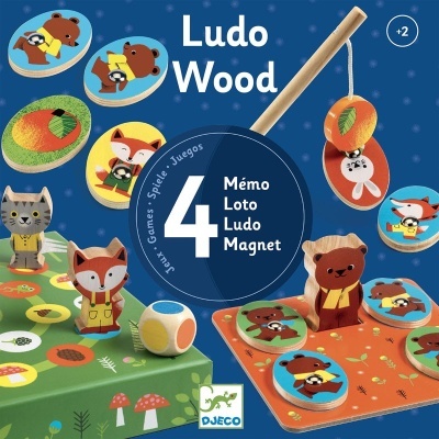 Jogo infantil Ludo Wood com peças de madeira coloridas e tabuleiros decorados