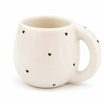 Caneca branca com corações pretos pequenos