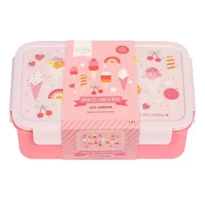 Caixa de almoço Bento rosa com desenhos de gelados e frutas