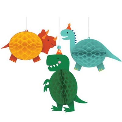 Decorações de papel penduradas em forma de dinossauros coloridos
