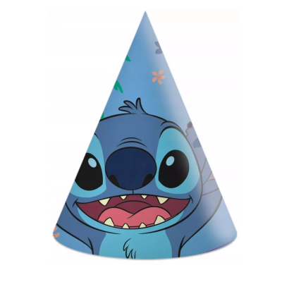 Chapéu de festa cónico com personagem Stitch azul e flores coloridas