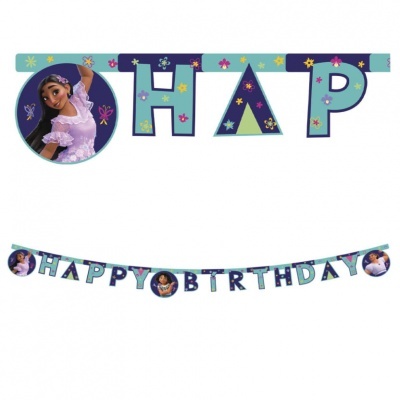 Faixa decorativa azul com letras HAPPY BIRTHDAY e personagem Encanto