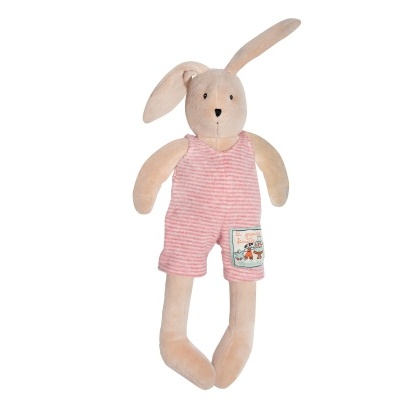 Peluche coelho bege com macacão cor-de-rosa às riscas