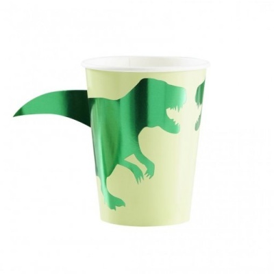 Copo de papel amarelo com dinossauro verde brilhante