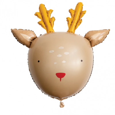 Balão em forma de rena bege com chifres castanhos alaranjados e nariz vermelho