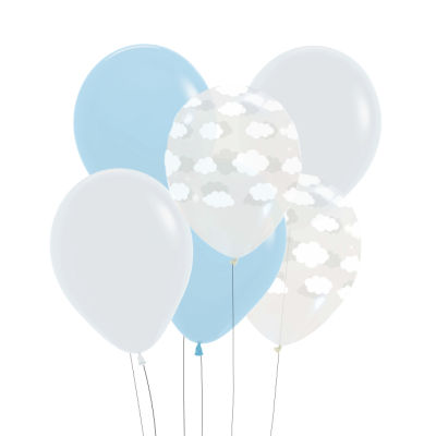 Balões de látex azul claro, branco, cinzento e branco com padrão de nuvens cinzentas