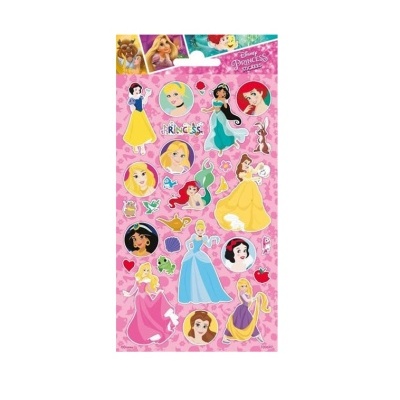 Folha de autocolantes Disney Princess com várias princesas em fundo rosa com corações