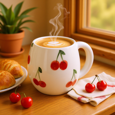 Caneca branca com desenho de cerejas contendo café com leite e croissants ao lado