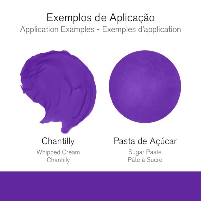 Exemplos de aplicação de corante alimentar roxo em chantilly e pasta de açúcar