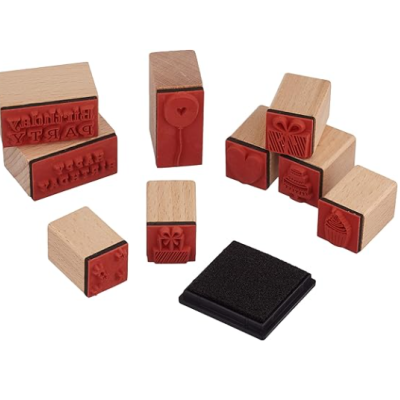 Conjunto de carimbos de madeira com almofada de tinta preta