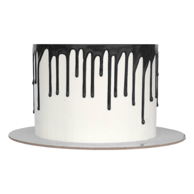 Bolo redondo branco com glacê preto a escorrer nas laterais