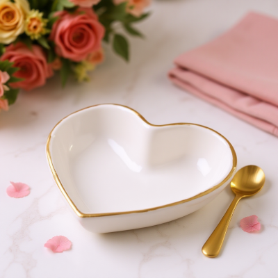 Prato coração branco com borda dourada e colher dourada sobre superfície branca com flores e guardanapo rosa